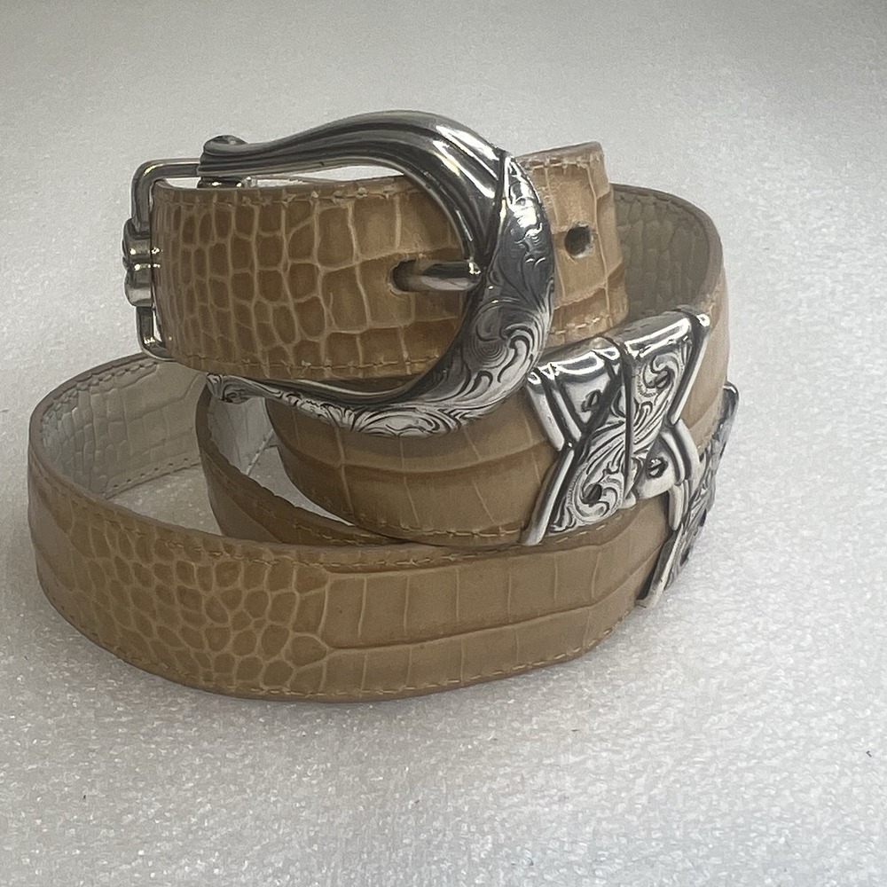 Brighton Leather Croc Embossed White/Beige Belt Ornate Silver Buckle Reversible